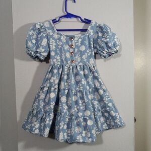 Vince Camuto Denim  Blue Floral Girl Dress Puff Slevees Size 6
